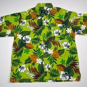Vintage Aloha Shirt Hawaiian Button Green Beach Vacation Tropical Golf Fishing